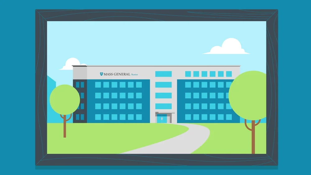 Animated exterior view of a Mass General Brigham hospital building representing a breast MRI exam location in the Boston area