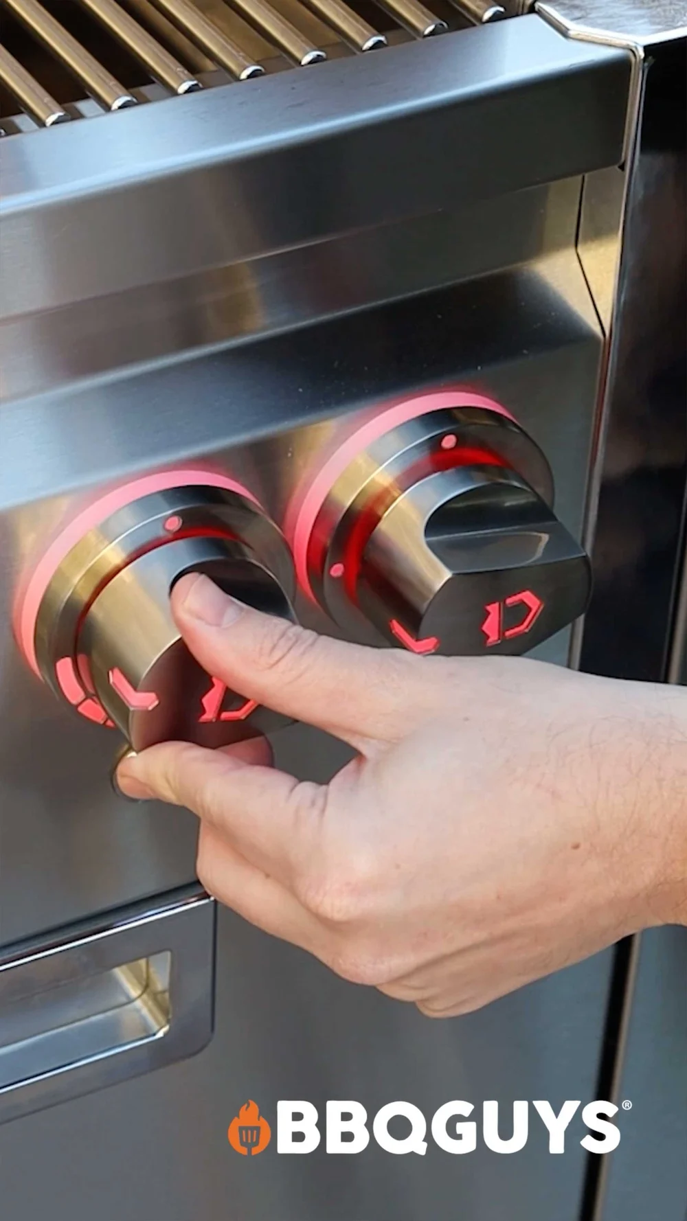 Close-up of Crown Verity Infinite Series grill controls during a BBQGuys product review video