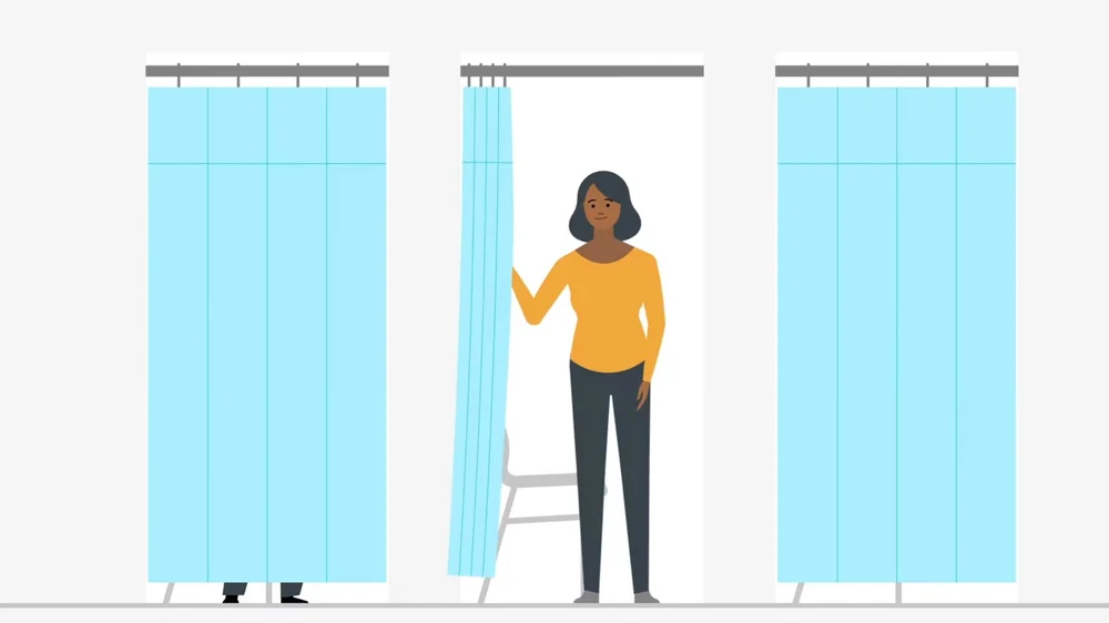 An animated frame of a woman closing the curtain to a chnaging room preparing for an imaging exam at Mass General Brigham Hospital