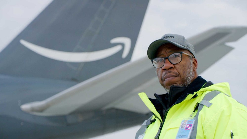 Amazon air operations employee Frank Simmons Jr. in Cincinnati featured in internal communications documentary.