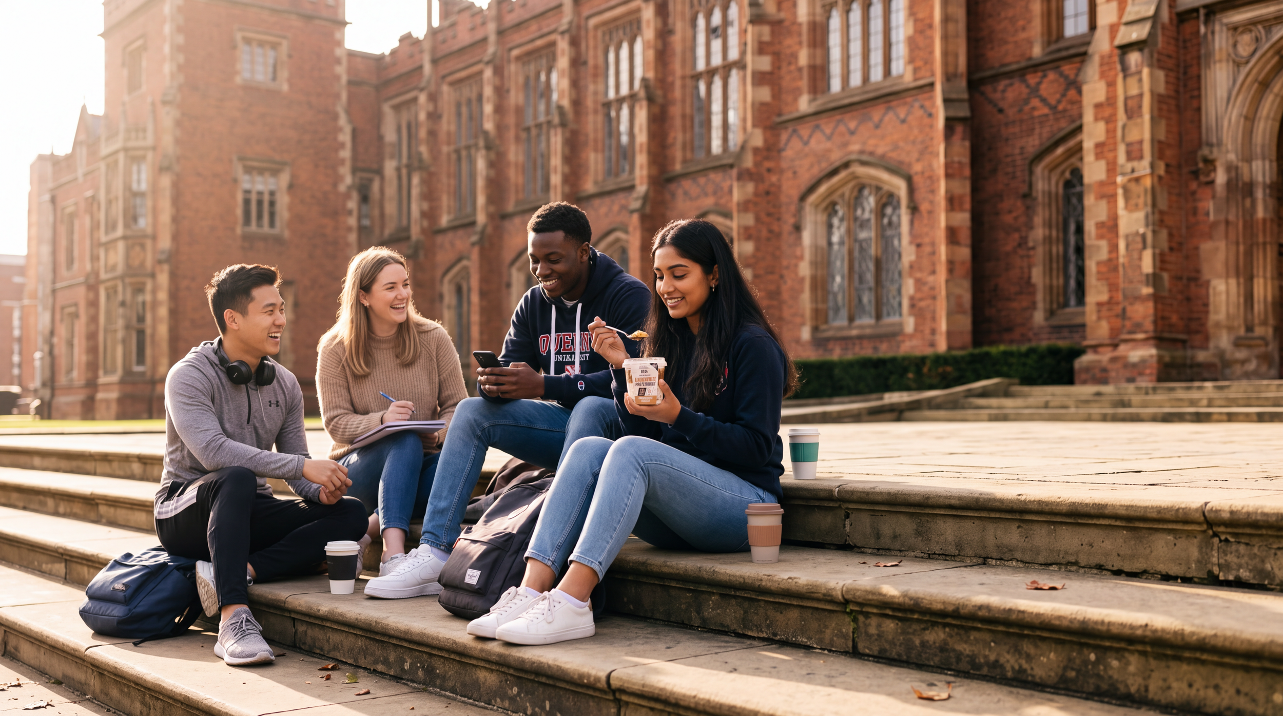 Students chatting with DELI+ Overnight Protein Oats pots on a university campus