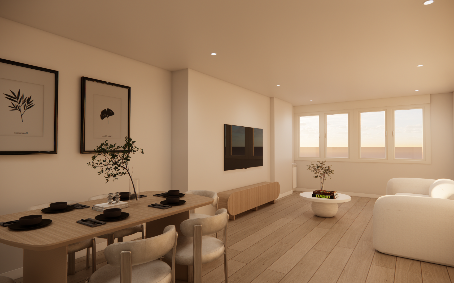 Render de sal&oacute;n-comedor y cocina para visualizar una reforma antes de empezar