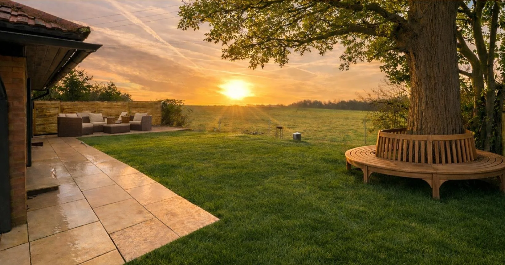 Landscaped garden with porcelain patio and circular bench - The Chic Relic UK
