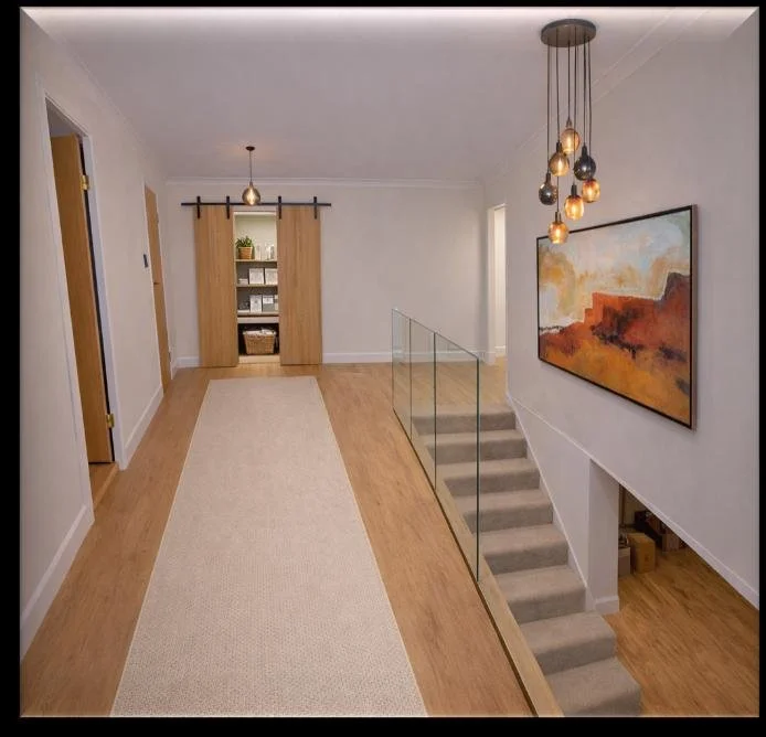 Hallway after refurbishment - with oak flooring and glass balustrade - The Chic Relic UK