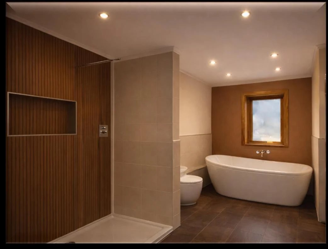 Luxury bathroom renovation with freestanding bath and timber panelling - The Chic Relic UK