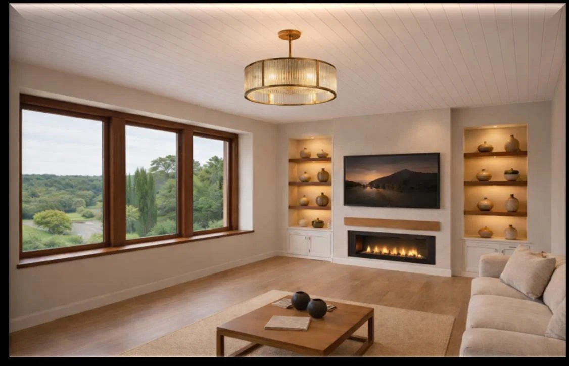 Living room after refurbishment with media wall and feature fireplace - The Chic Relic UK