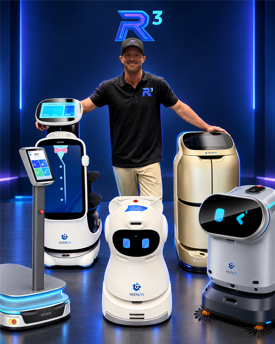 Taylor Buker with RevoRoute Robotics cleaning and service robots against a blue branded backdrop