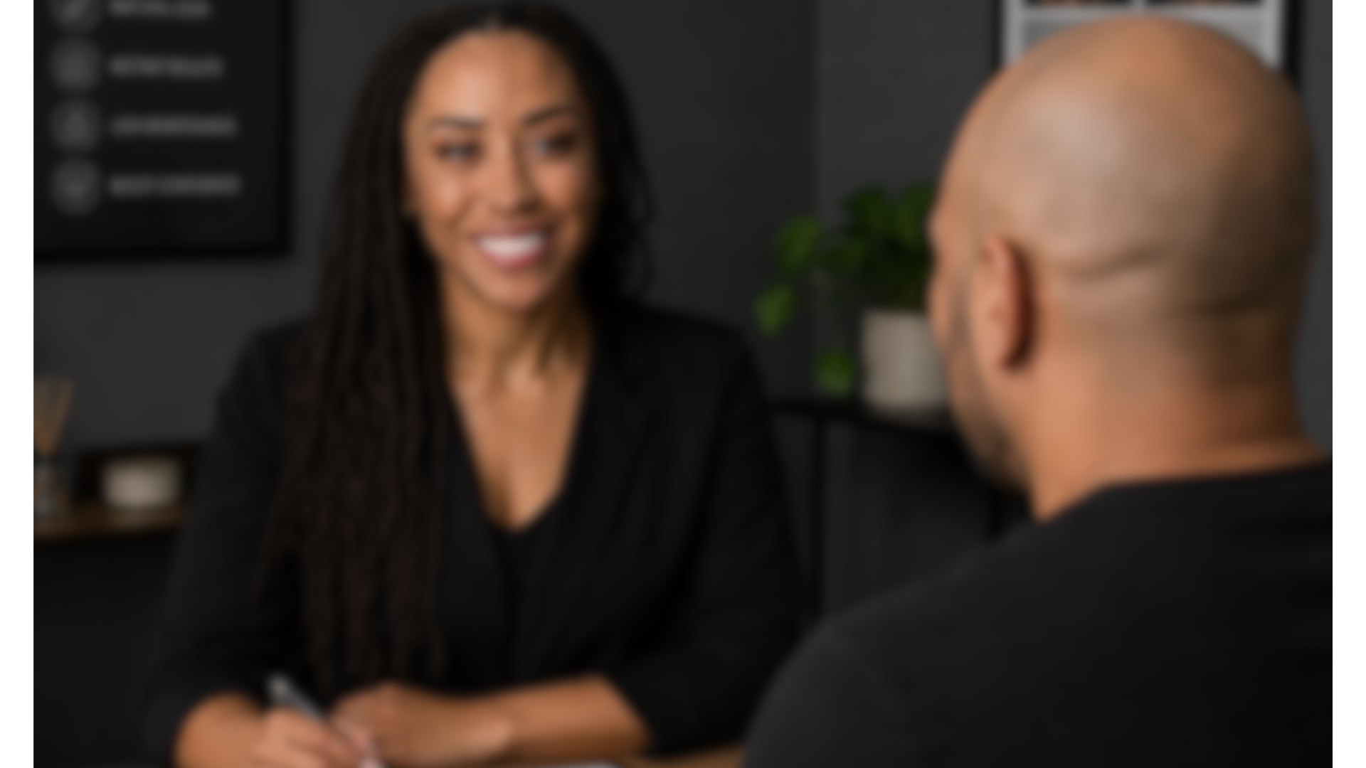 A man receives a consultation for hairline and visual density from a professional Subtle Return practioner. She helps him assess his goals, current hair pattern, hair-loss, and balding, and determines if hairline and visual density is the right path forward.