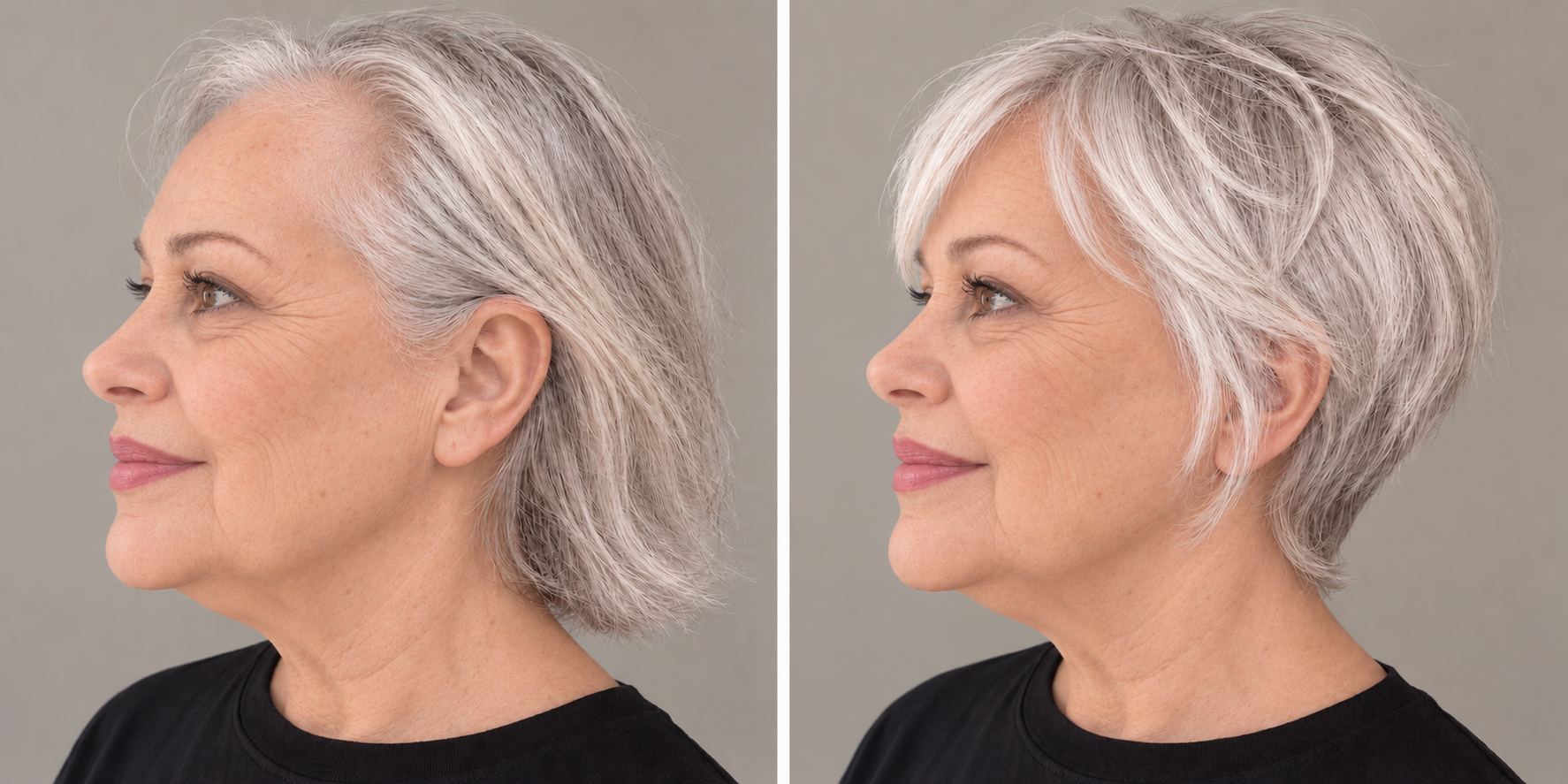 Side-view AI visualization of a woman with a receding hairline before styling and after a side-swept pixie cut