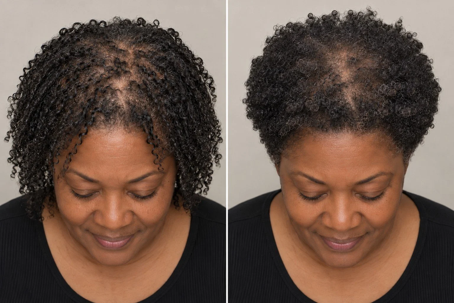 AI visualization of a woman with Type 4 hair and diffuse scalp show-through before styling and after a rounded tapered cloud cut