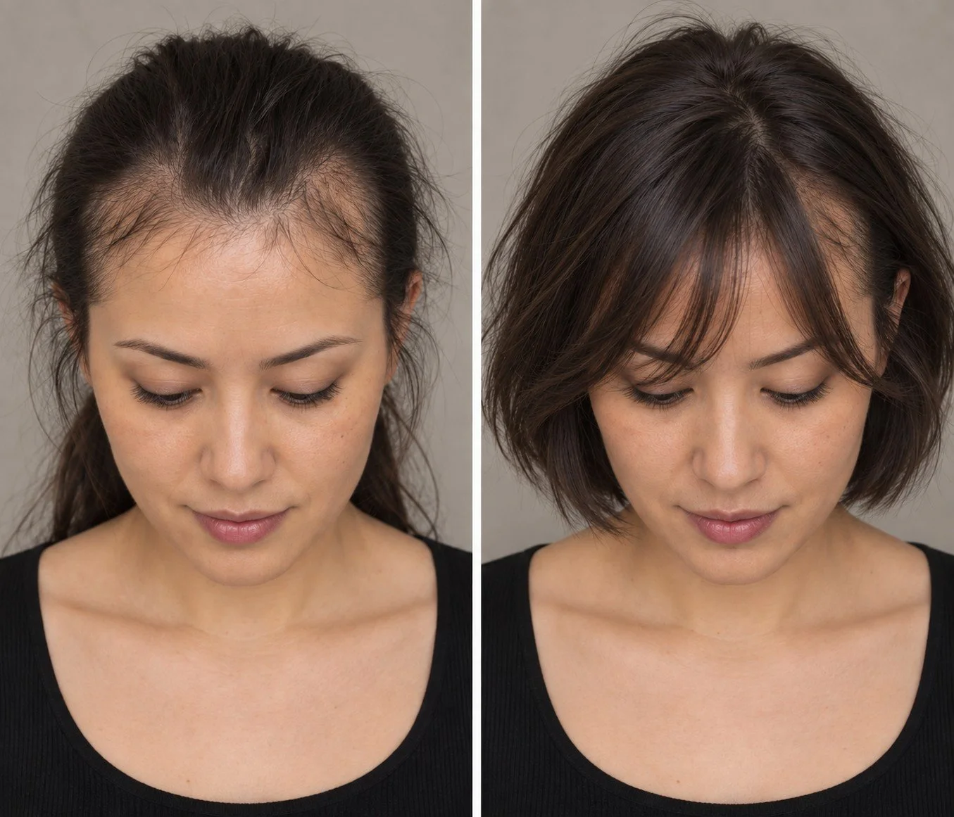 AI visualization of a woman with postpartum temple thinning before styling and after a forward-swept French bob