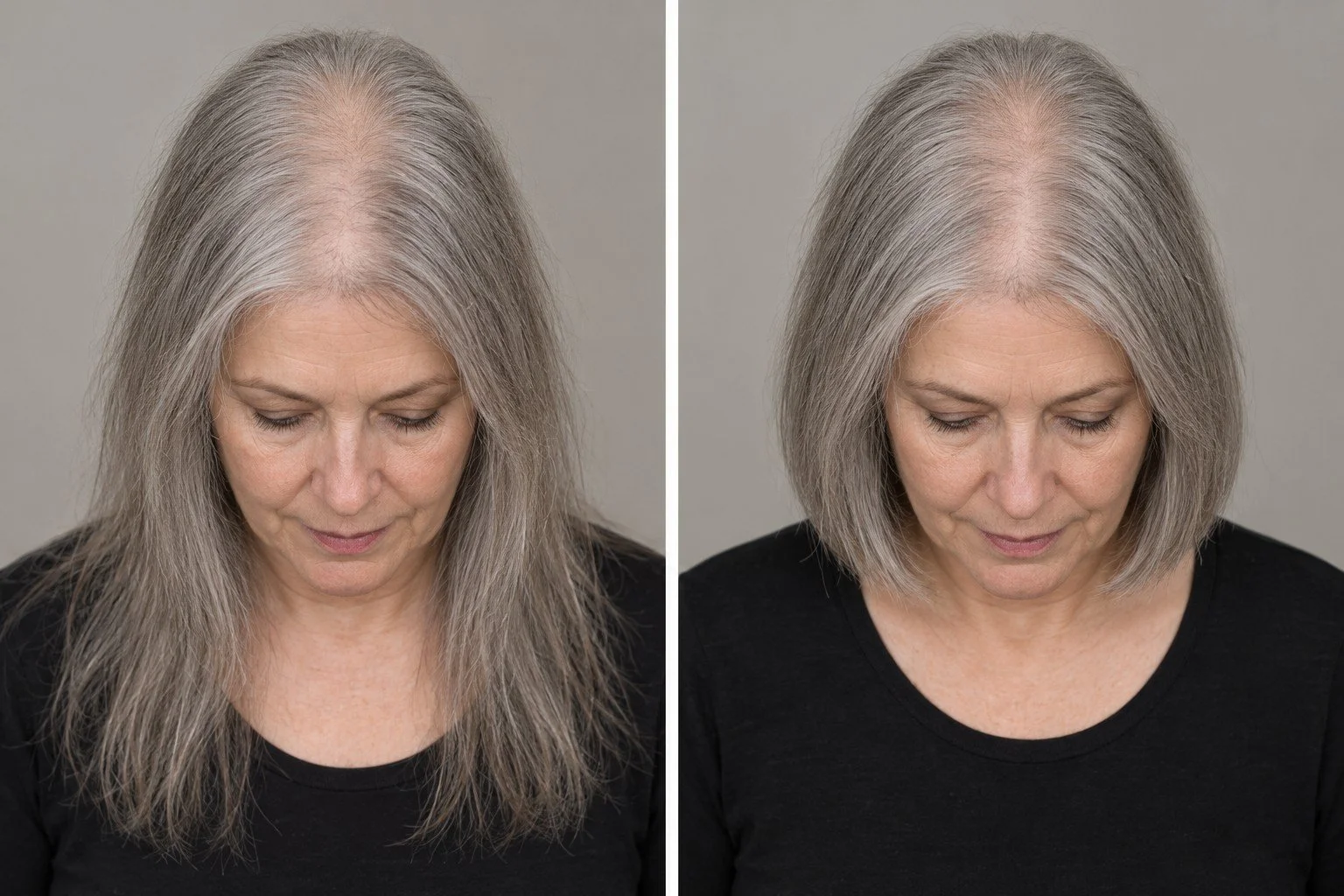 AI visualization of a woman with fine gray hair and diffuse thinning before styling and after a one-length blunt bob