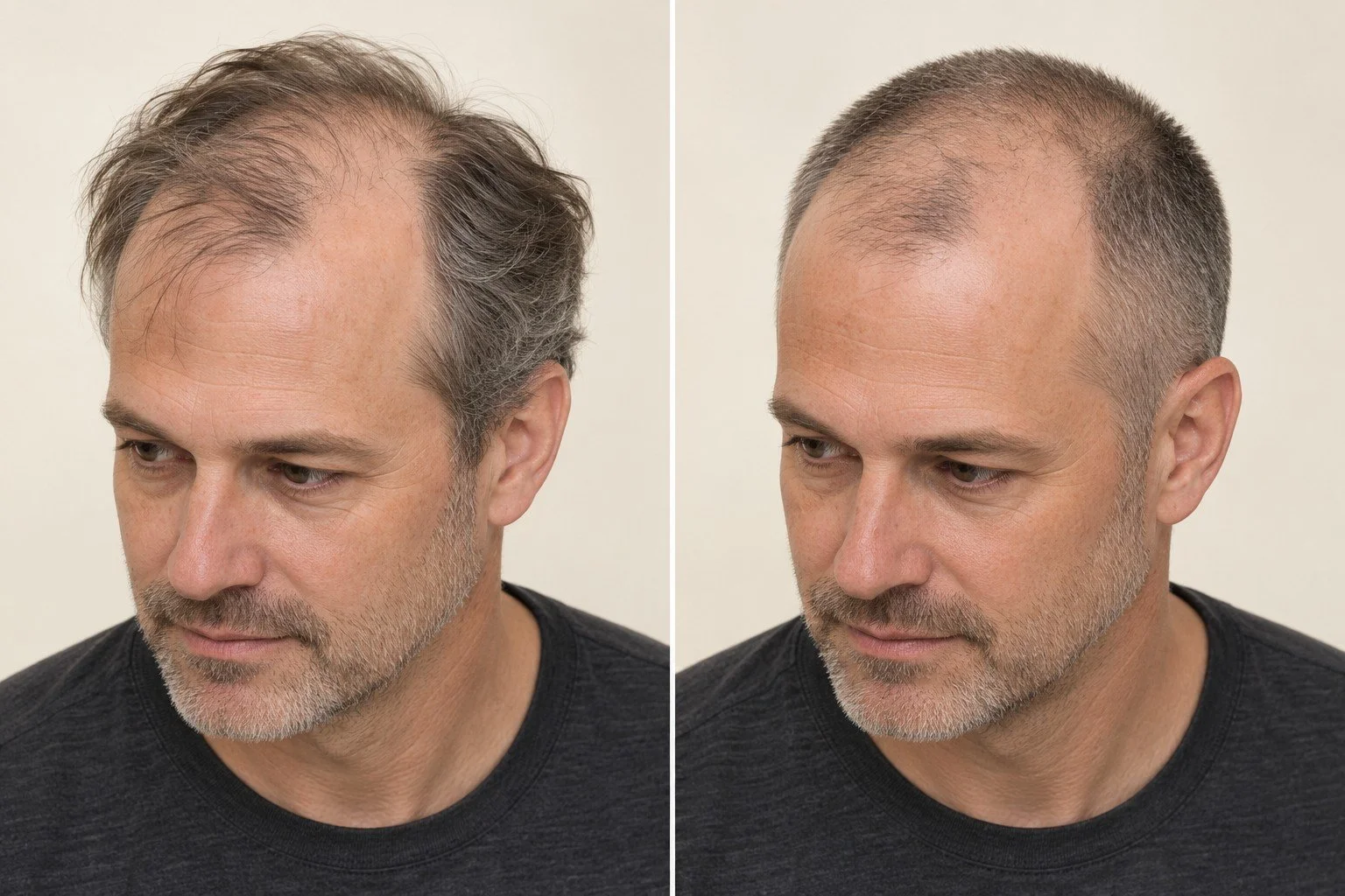 AI visualization of a man with advanced hairline recession before styling and after a tailored buzz fade
