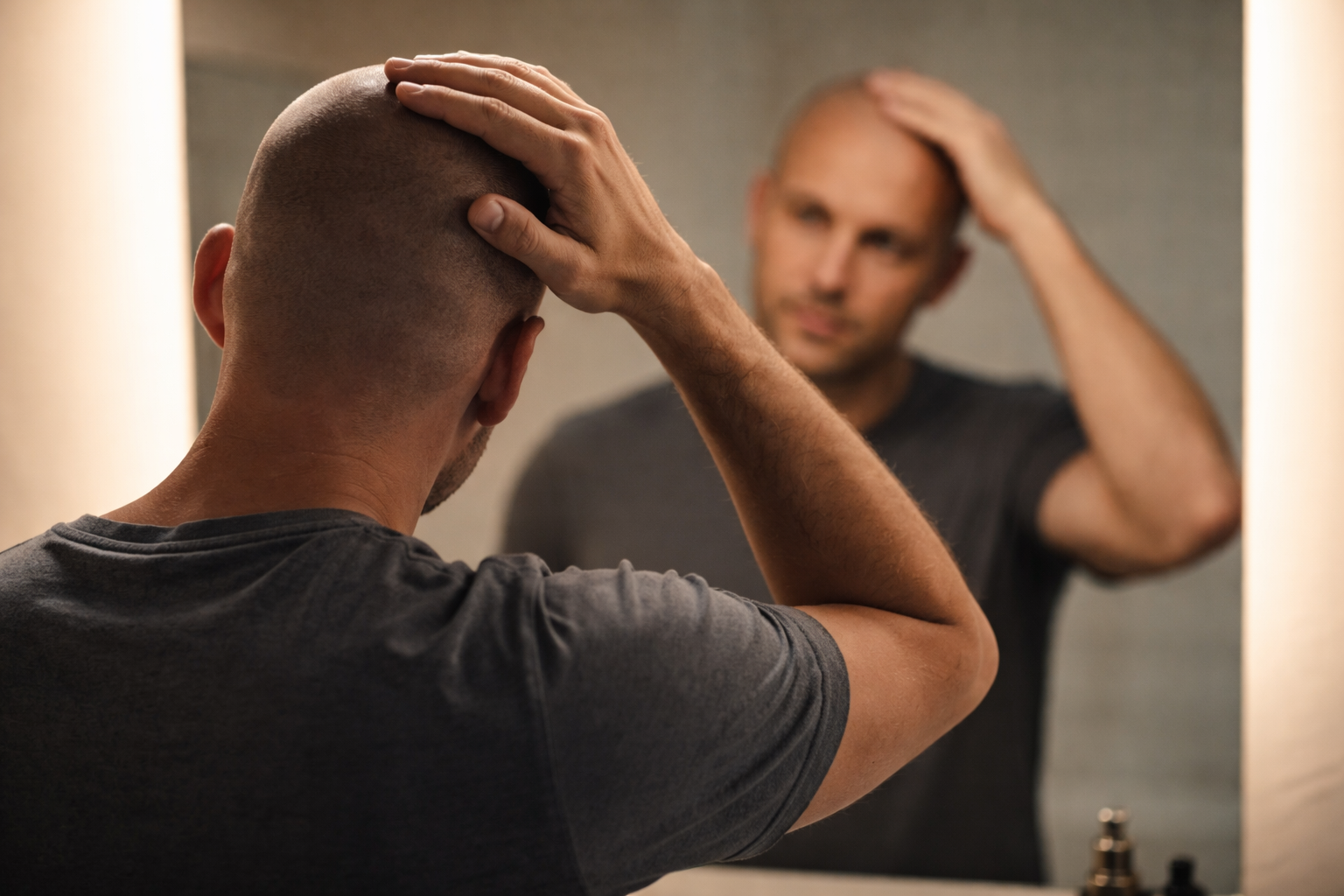 A man looks in the mirror having received hairline and visual density. He is satisfied at the result and subtly smiles in the mirror, happy with the treatment he received from Subtle Return.