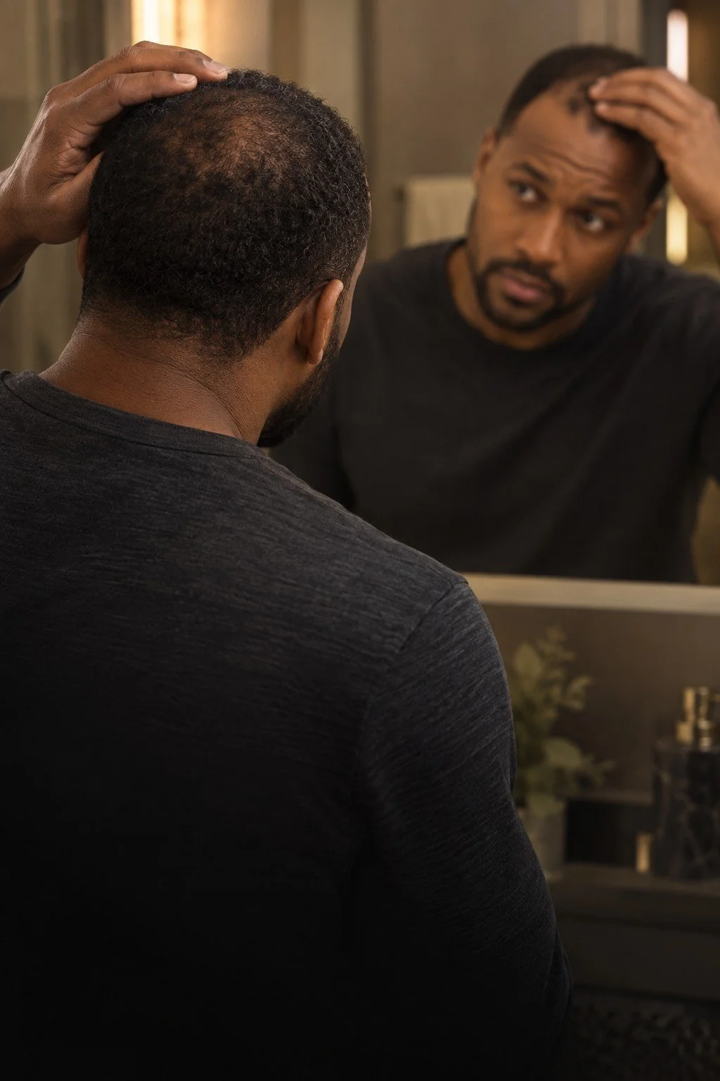 Man examining his hairline in a mirror