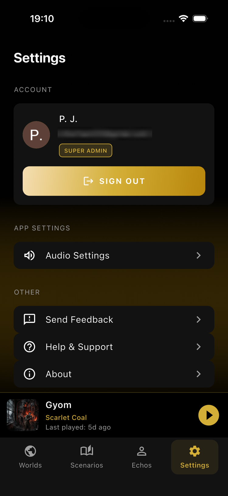 Settings tab with Send Feedback option