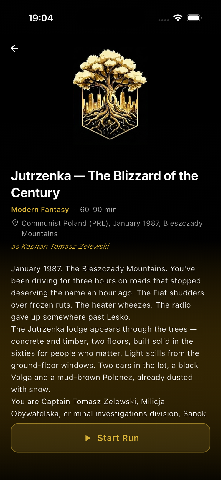 Jutrzenka scenario page with Start Run button
