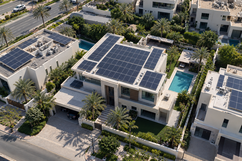 Aerial view of Dubai villas with rooftop solar panels