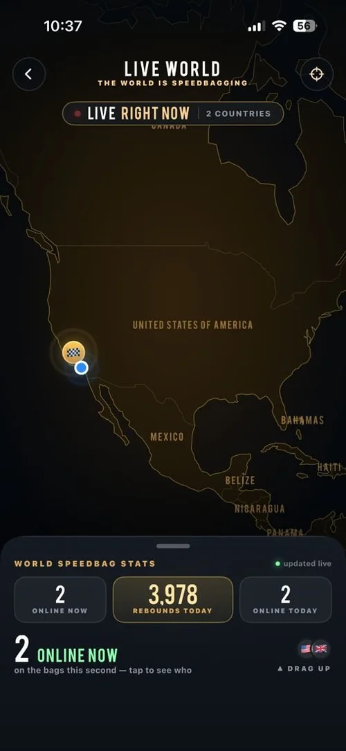 The app's Live World map, showing a bagger on a bag in Los Angeles