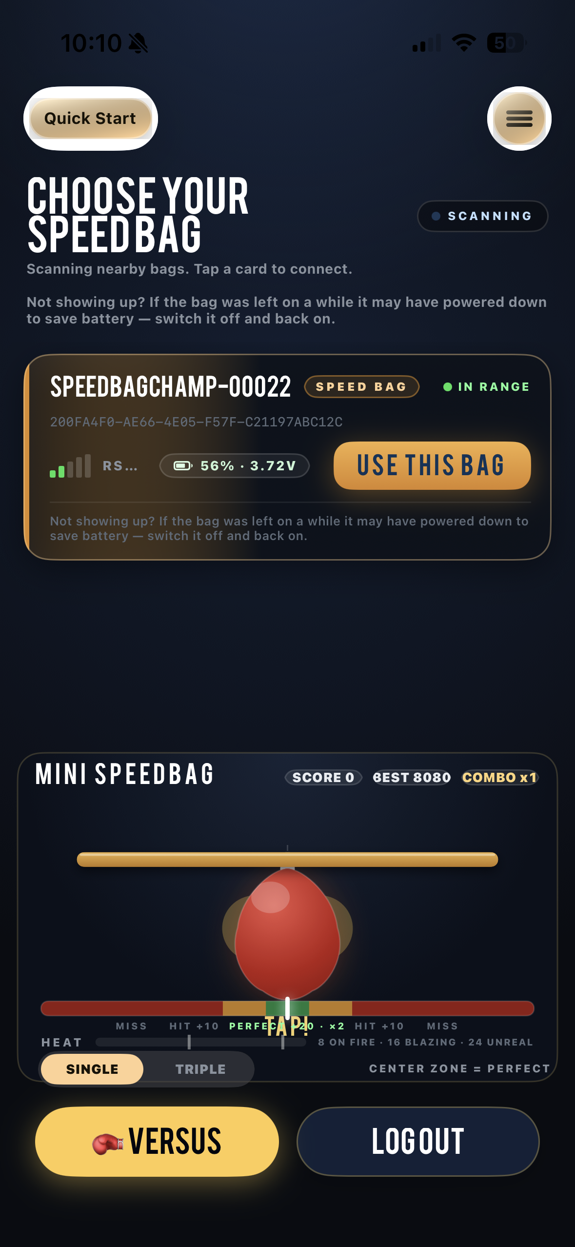Choose your speed bag — pairing screen