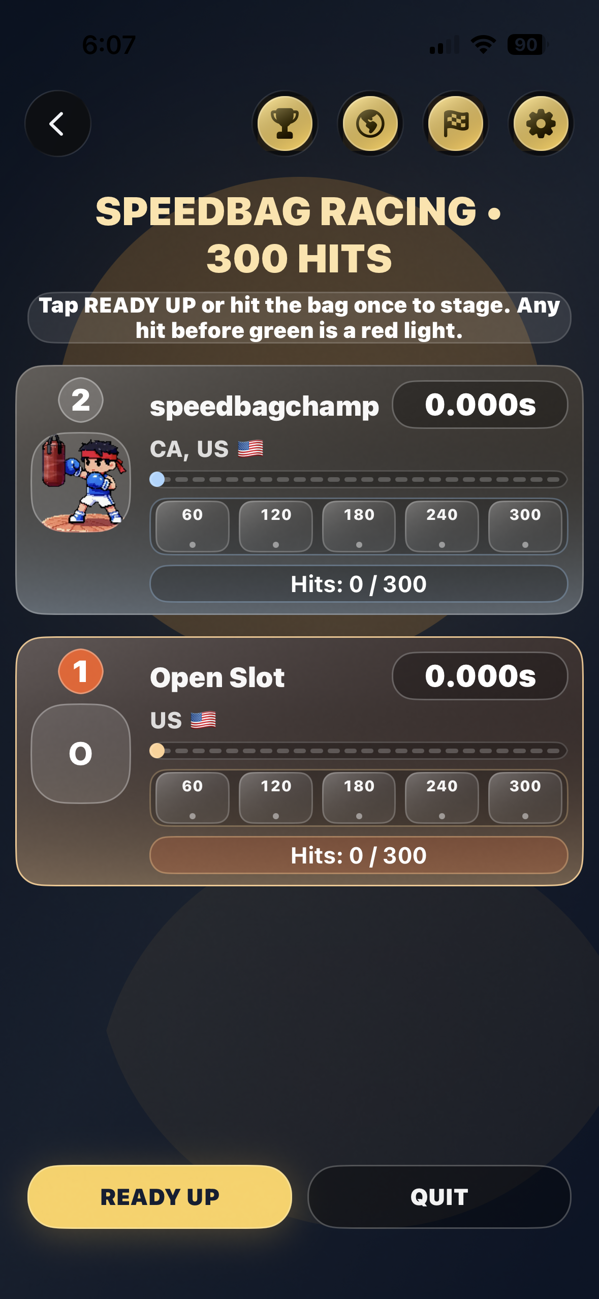 SpeedBag Champ live race screen