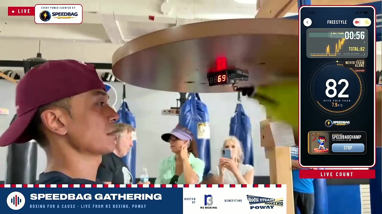 Racers at the 2026 Speedbag Gathering in Poway, with the live count from the app on screen