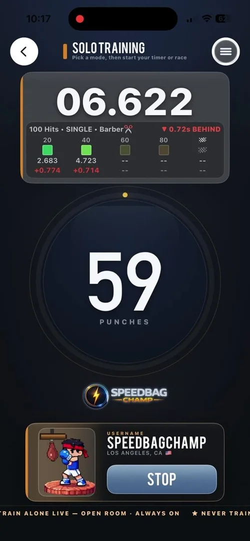 The app's Solo Training screen: a 06.622 timer, splits at every 20 hits, 59 punches