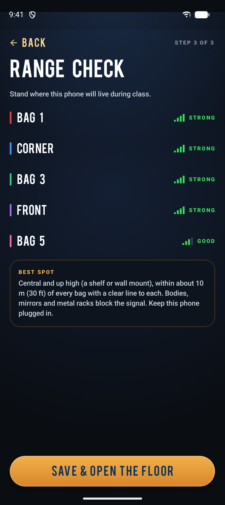 Gym Floor setup, range check: each named station rated STRONG or GOOD from where the phone will live, with tips for the best spot.