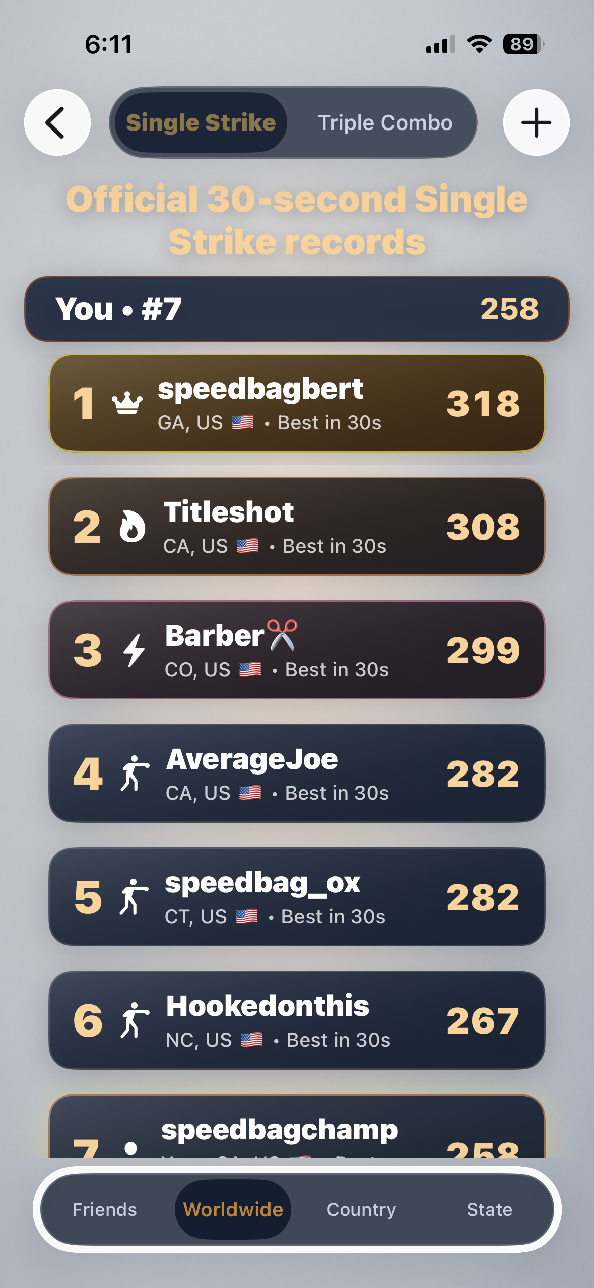 SpeedBag Champ leaderboard screen