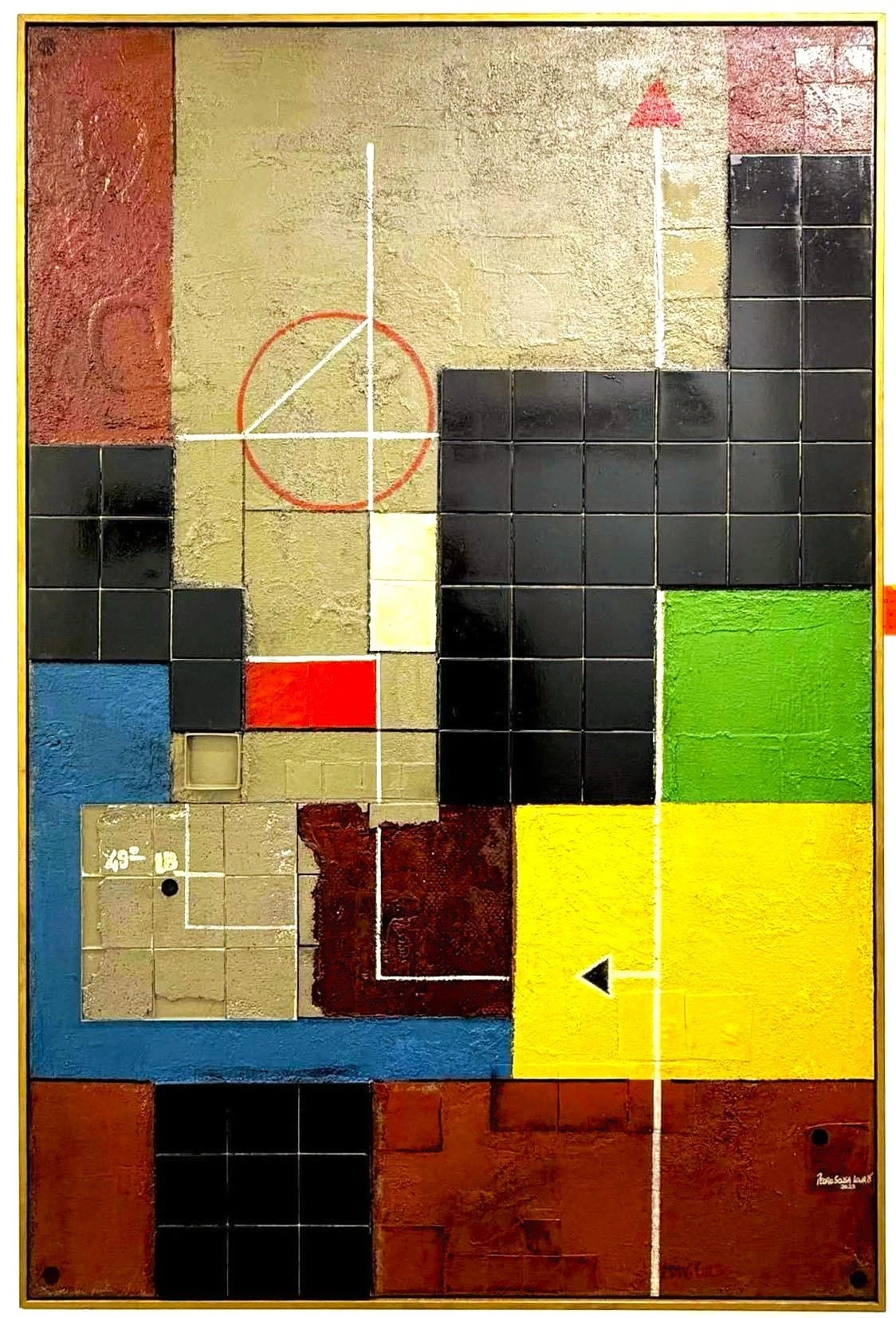 Geometric arrangement of black tiles and textured red, yellow, green and cream panels