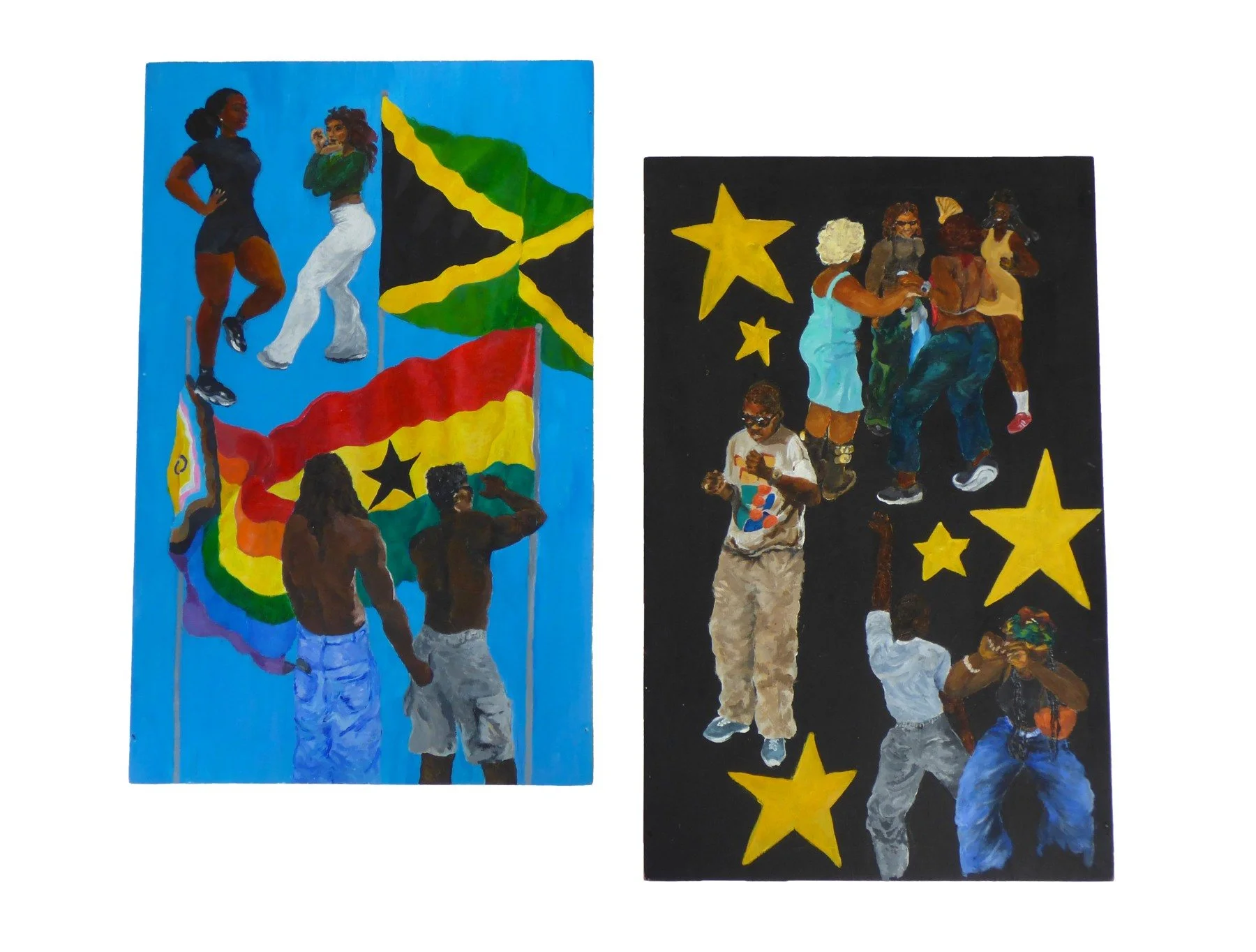 Two colourful figurative panels, one blue and one black with yellow stars