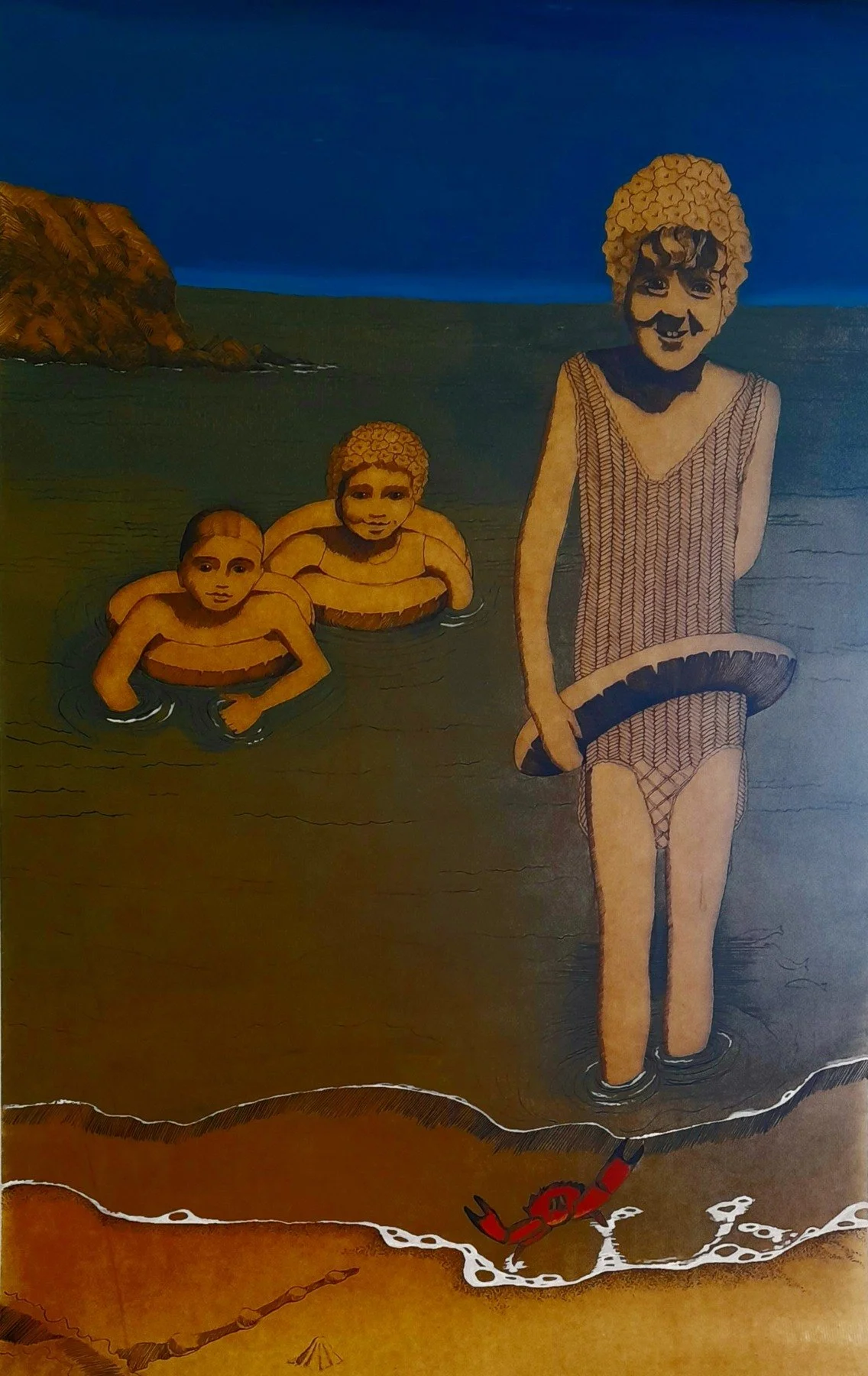 A standing figure and two swimmers in ochre tones against a dark blue sea