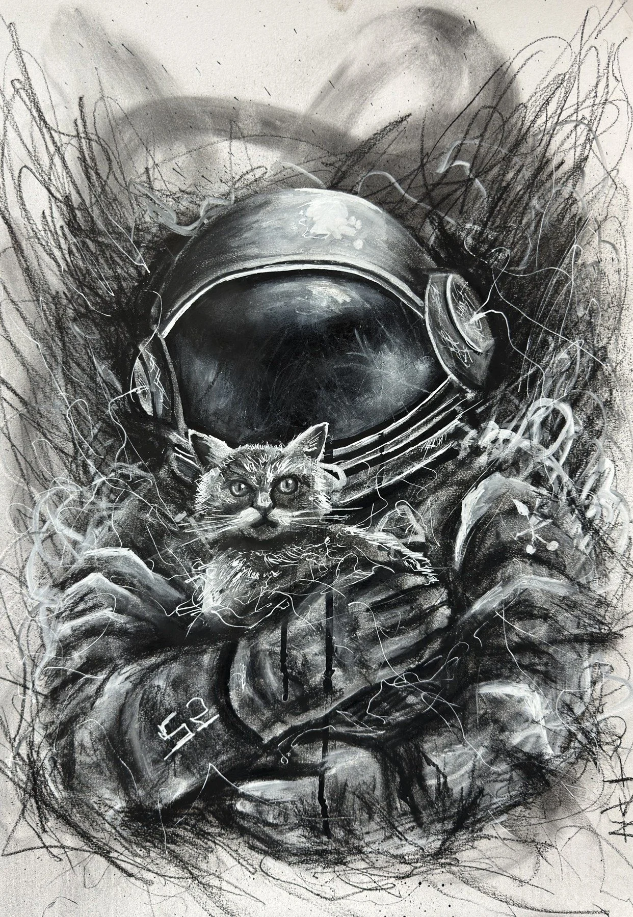 Charcoal astronaut holding a cat within a mass of restless dark marks