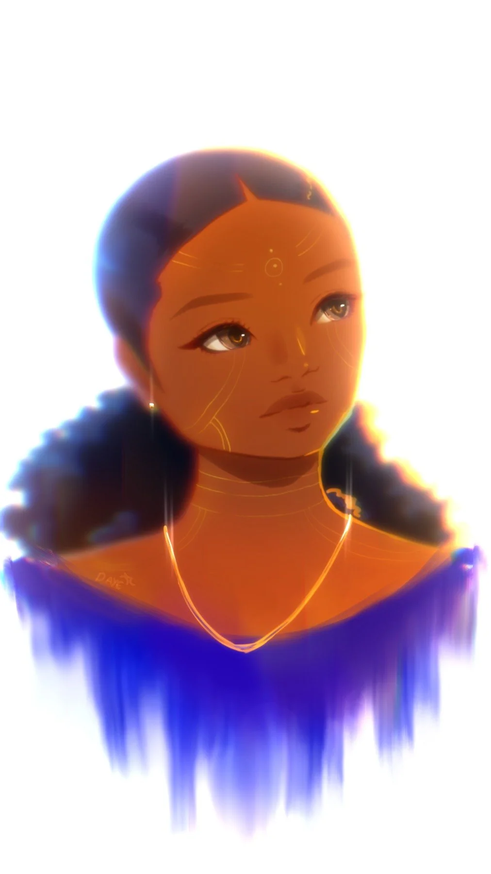 Digital portrait in orange and violet with bright rim lighting against a white background