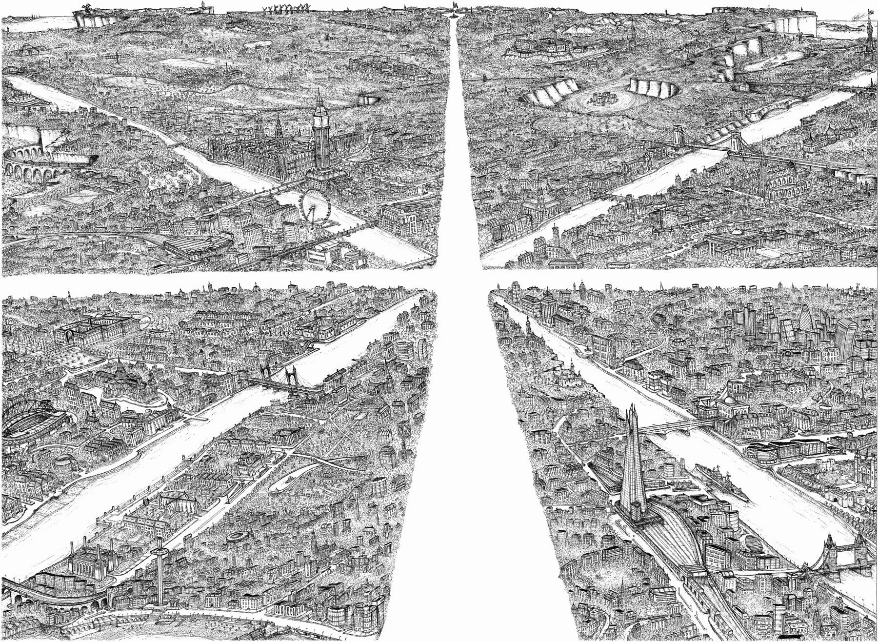 Detailed city drawing divided by bright intersecting Union Jack-like paths