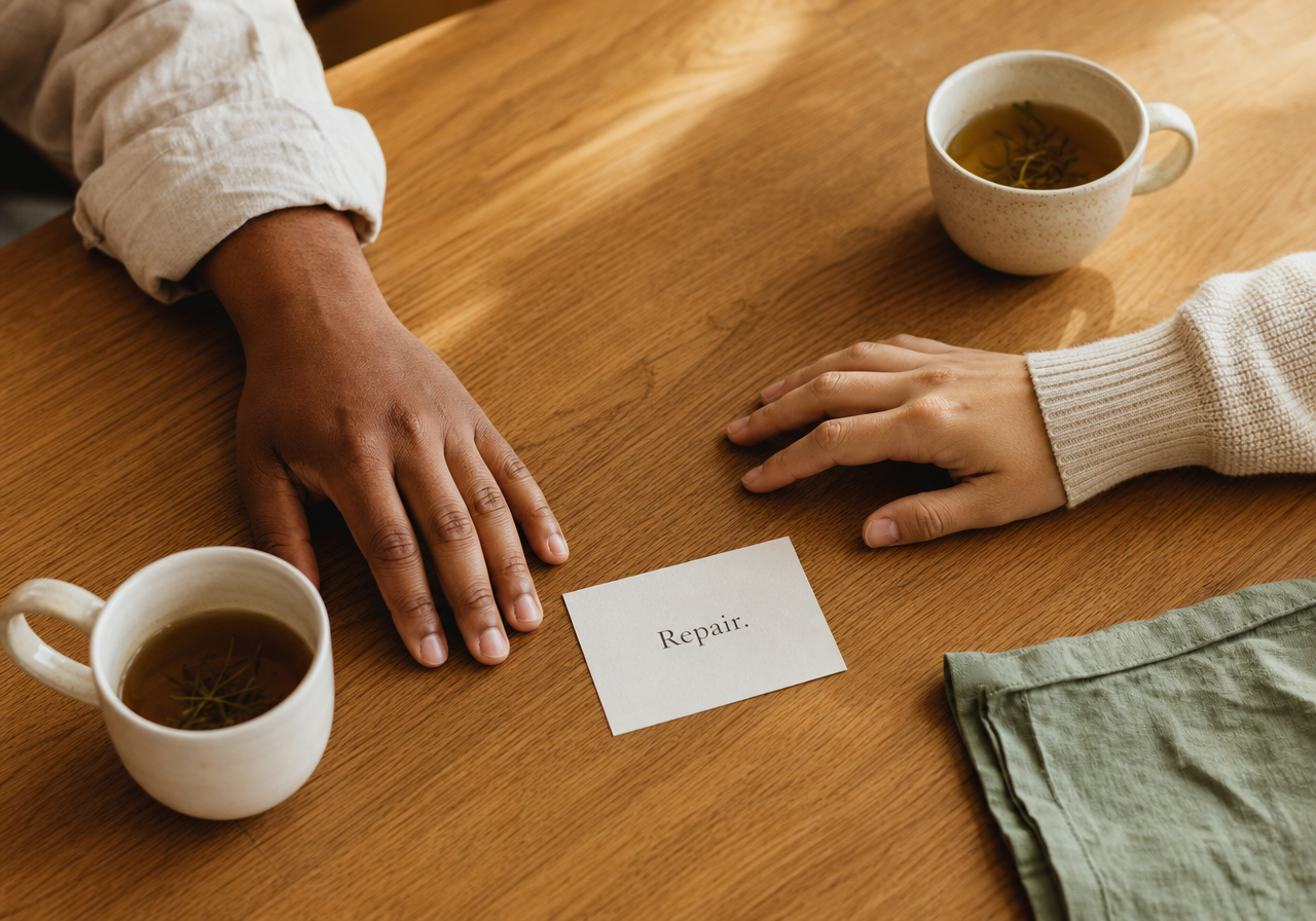 The Couples Edition card on a warm oak table beside two ceramic mugs