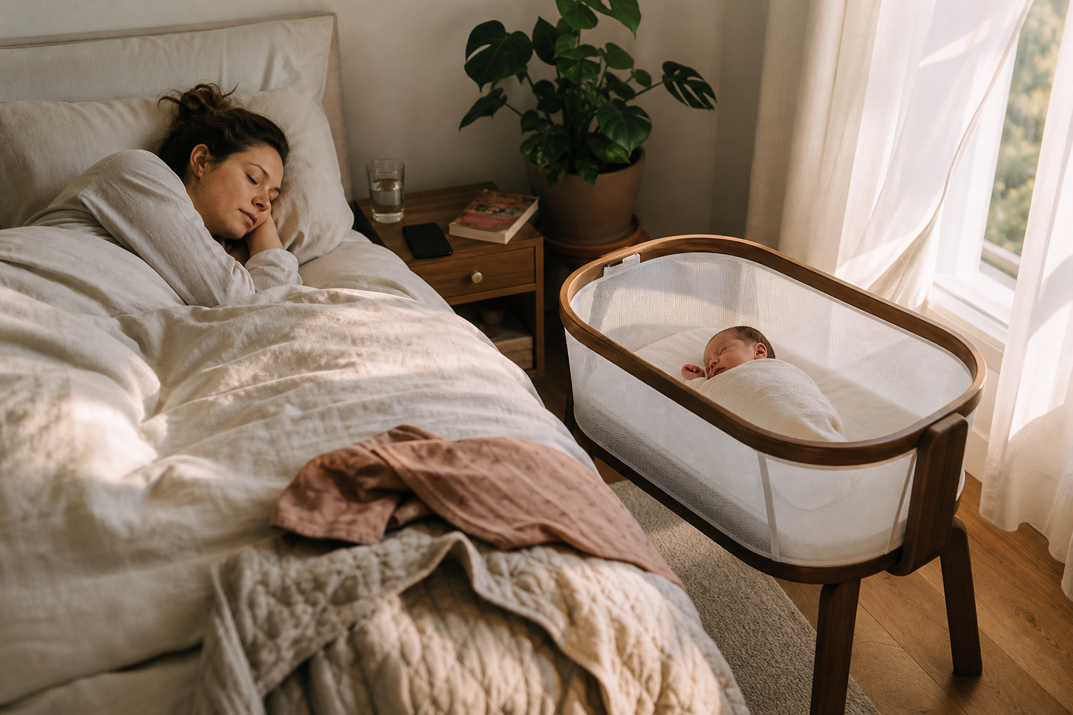 A parent resting beside a bassinet, the quiet of a night that has settled.
