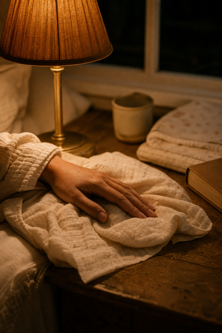 A small detail of warm interior light, calm, inviting.