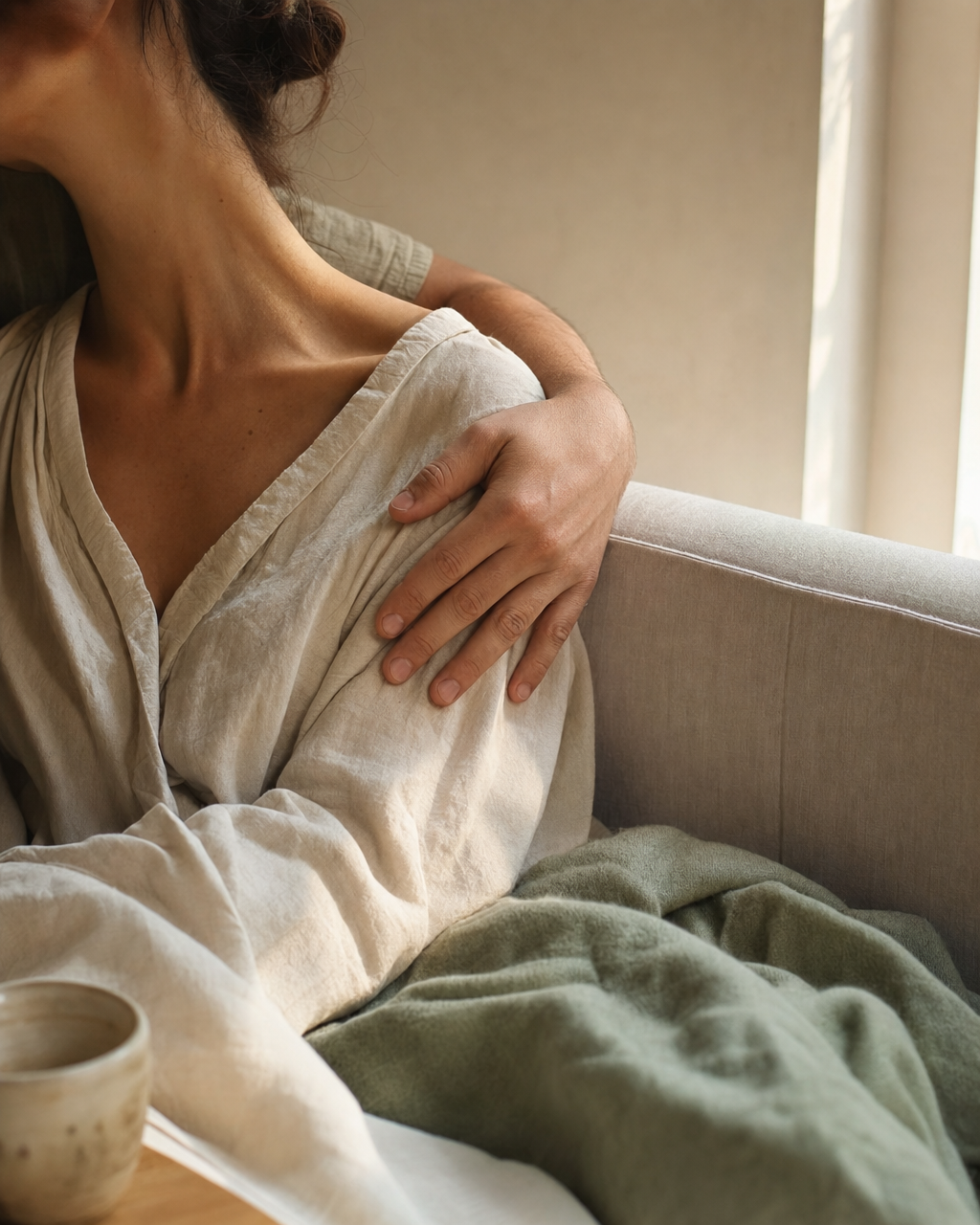 A partner&rsquo;s hand resting on the shoulder of a person leaning into a cream linen sofa