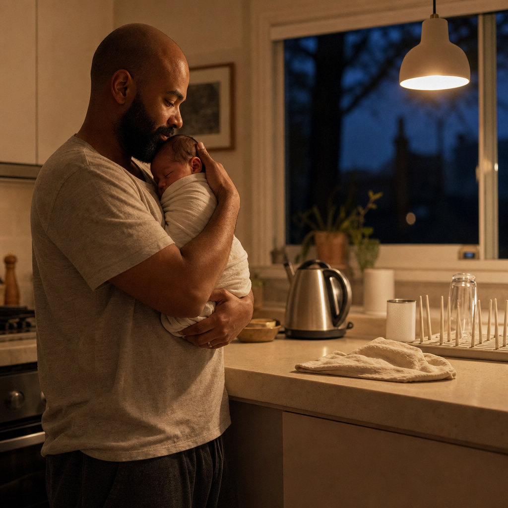 A partner takes the baby for the next stretch of the night, quiet handoff in low light.