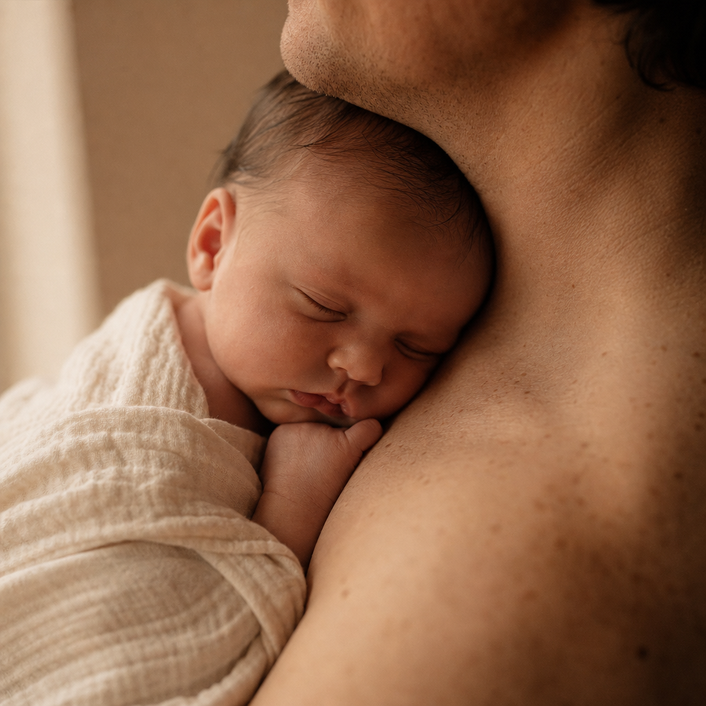 A parent holding a baby close, quiet, skin-to-skin moment.
