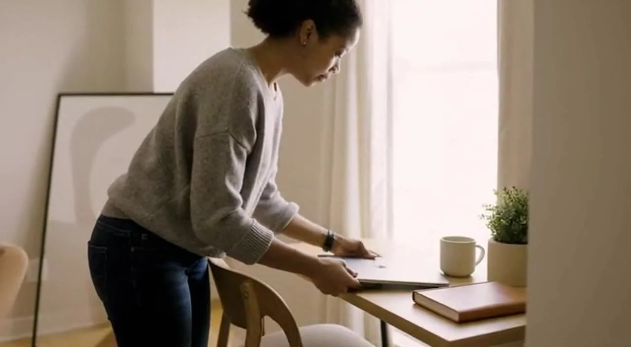 A resident setting up her laptop at a desk in her room