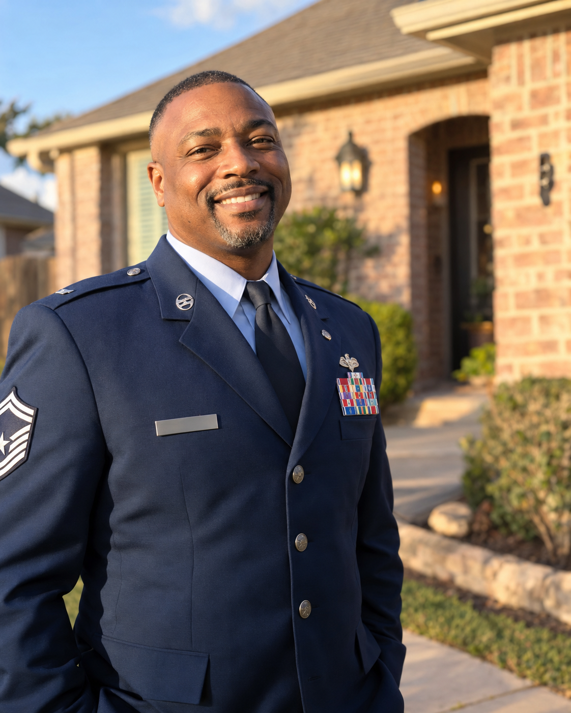 A smiling U.S. Air Force veteran outside a Texas home