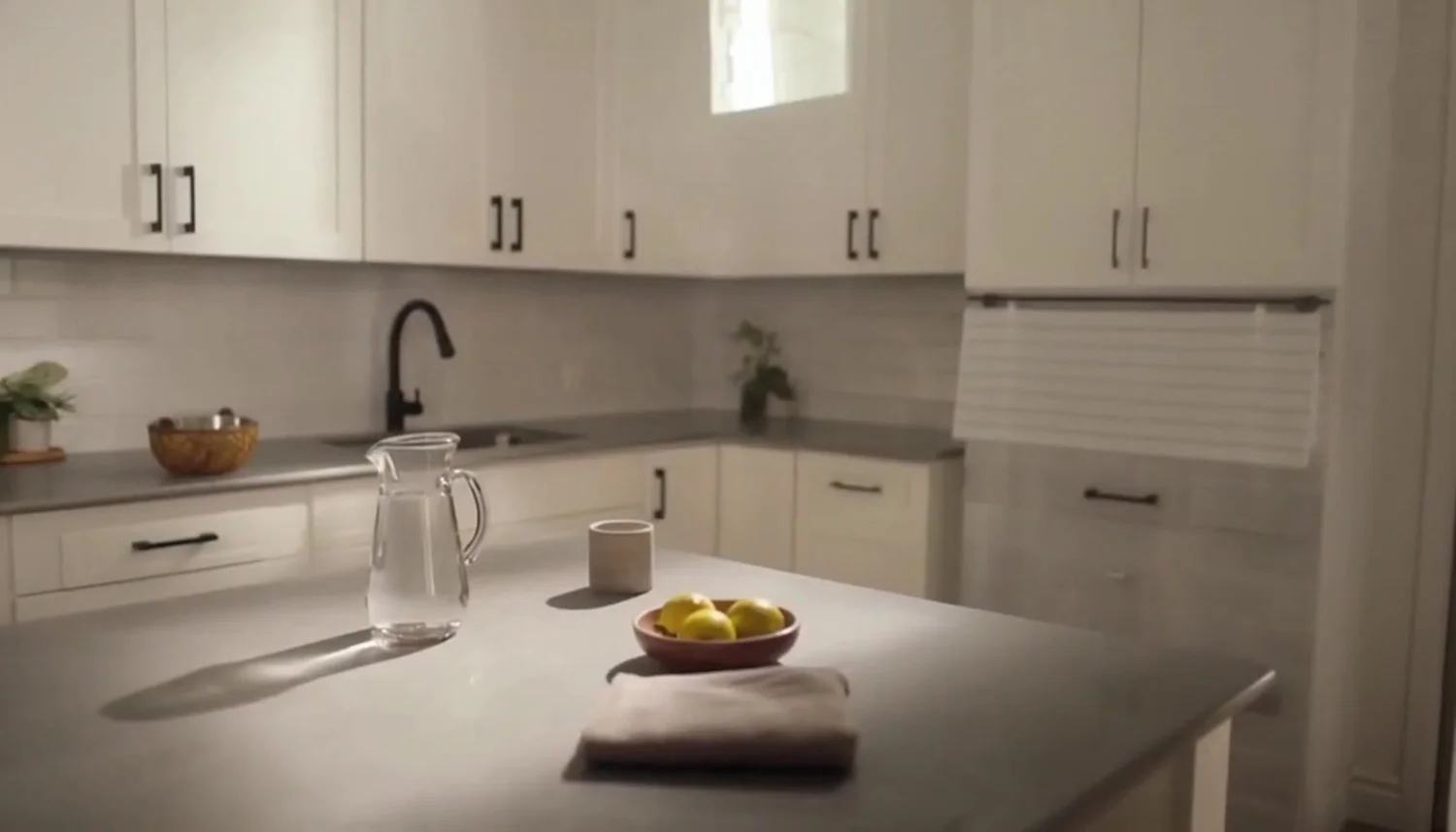 A clean white kitchen with lemons on the counter