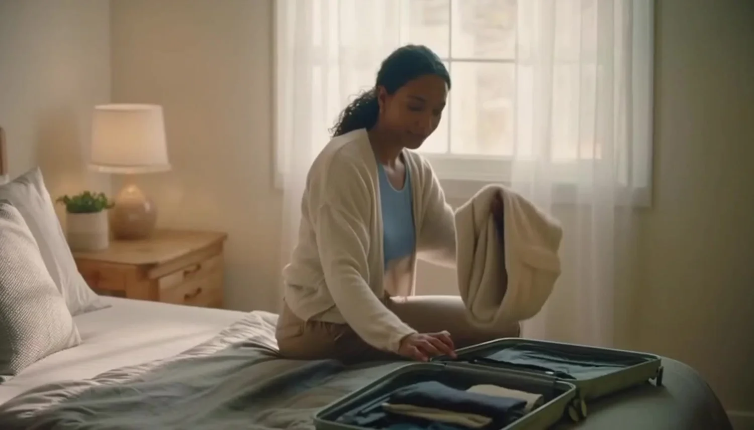 A woman unpacking a suitcase in a bright bedroom