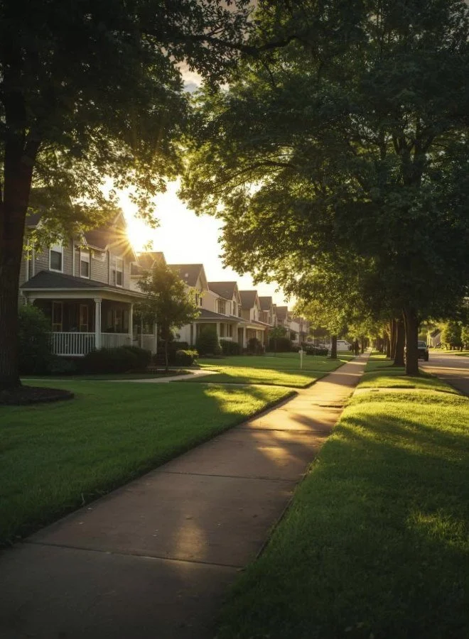 A sunlit sidewalk through a quiet, tree-lined neighborhood