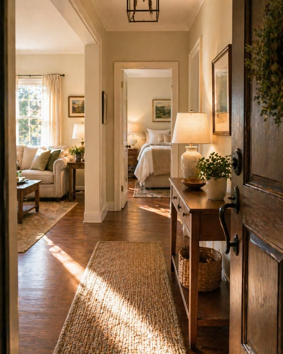 A warm, welcoming hallway inside a furnished home