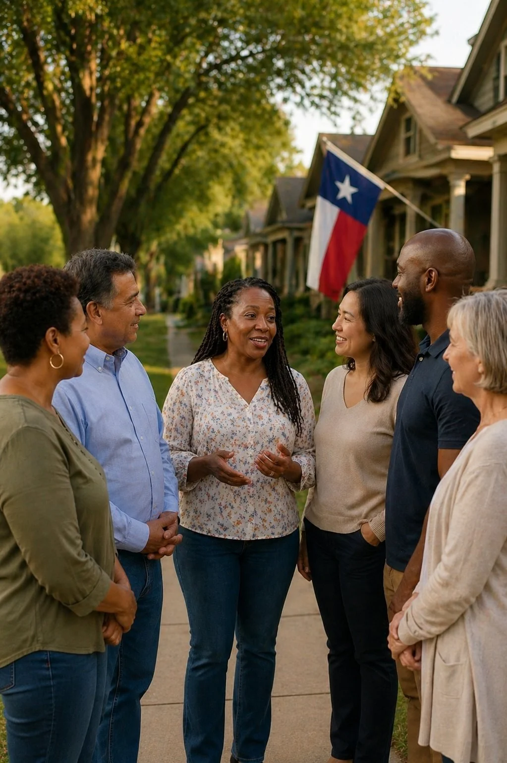 Neighbors of different ages and backgrounds talking outside a Texas home