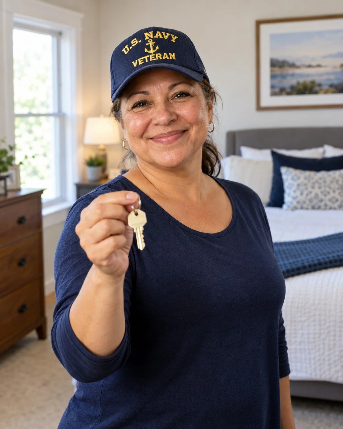 A smiling U.S. Navy veteran holding a house key
