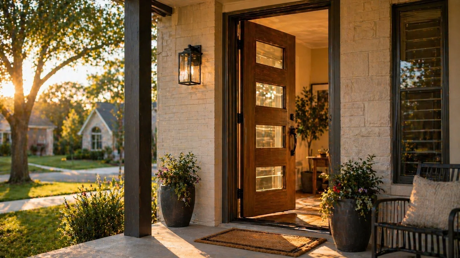 A welcoming front porch with the door open at sunset